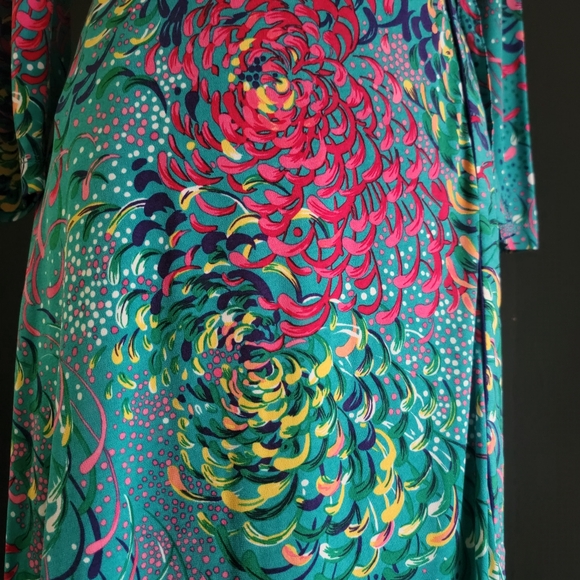 BCBGMaxazria Teal Blue Floral Long Sleeves Jersey True Wrap Midi Dress Small - Picture 7 of 16